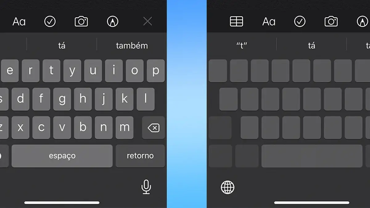 Teclado virtual escuro com sugestões de palavras.