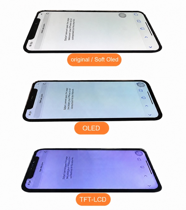 Comparação de telas de iPhone: original e Soft OLED lado a lado, OLED e TFT-LCD