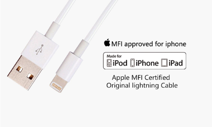 Cabo lightning certificado MFI para dispositivos Apple.