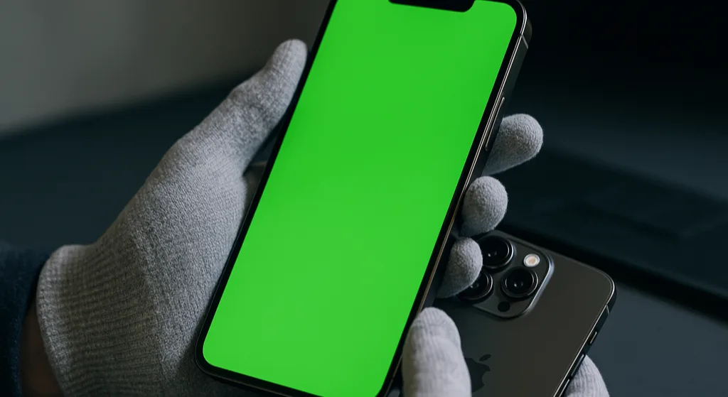 iPhone 13 Pro Max com tela esverdeada (defeito crônico do painel OLED) sendo diagnosticado na iTelas em Curitiba