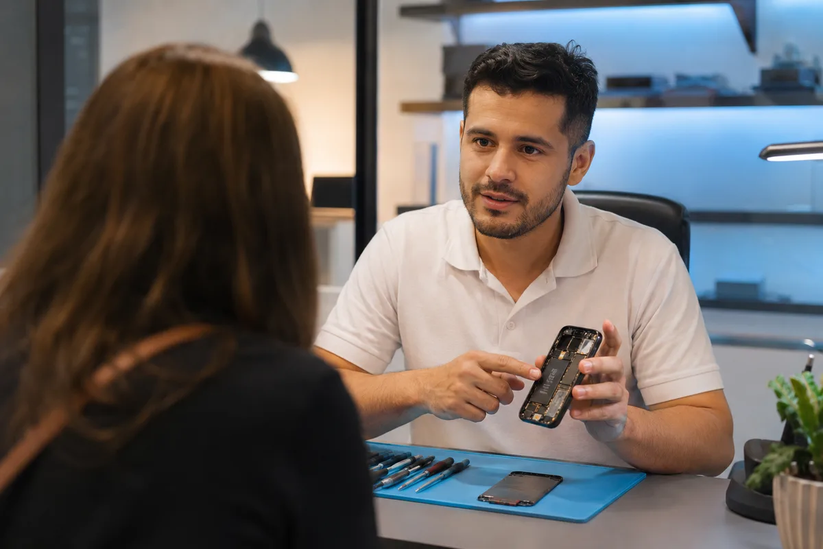 Técnico da iTelas explicando o diagnóstico de um iPhone aberto para a cliente na loja