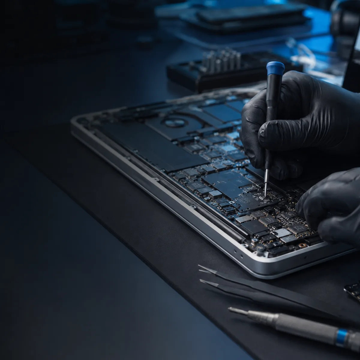 Técnico da iTelas com luvas trabalhando na placa lógica de um MacBook aberto na bancada