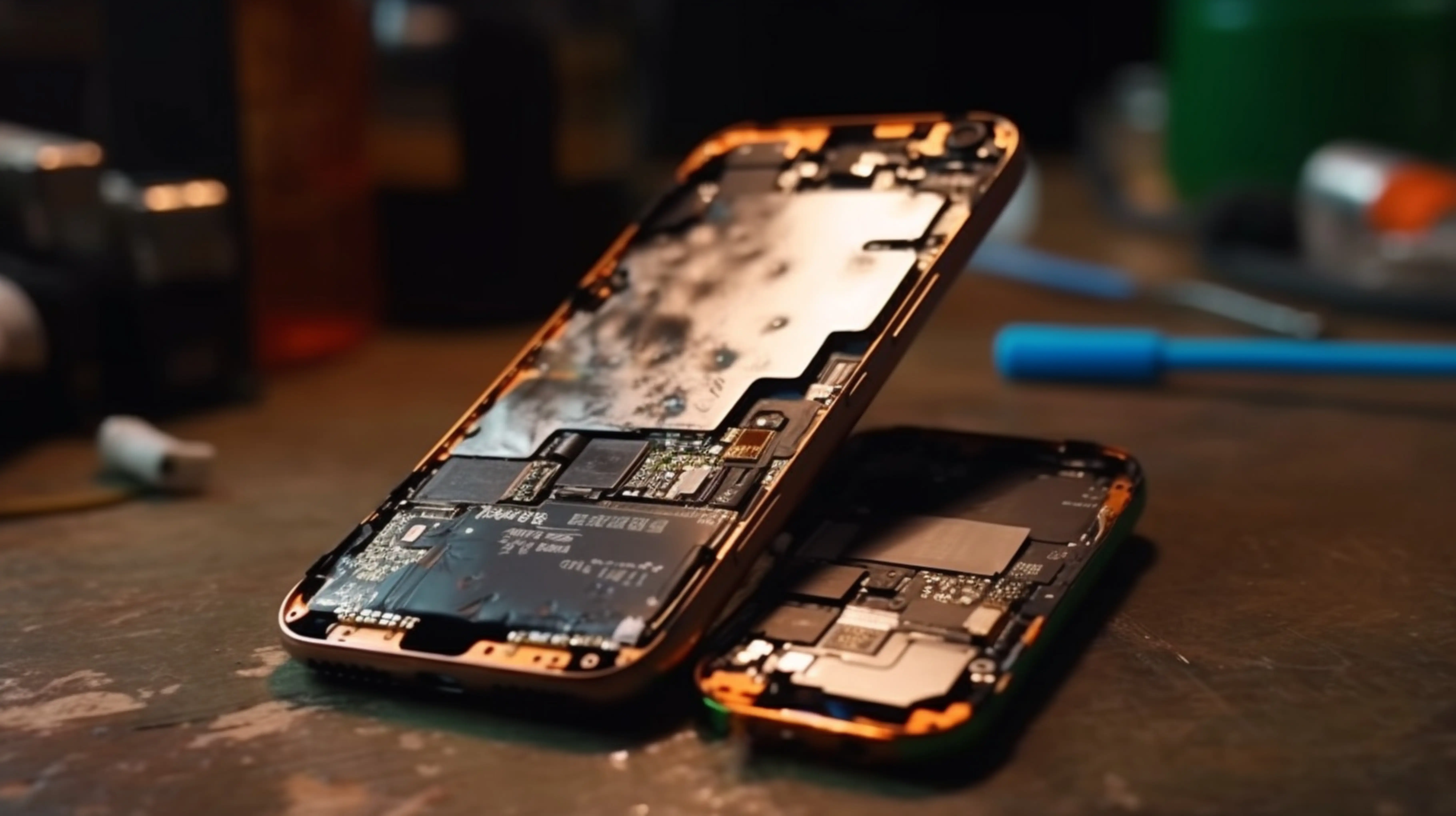 Tecnico avaliando iPhone com tela danificada em bancada de reparo