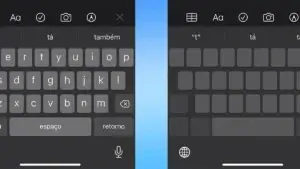 Teclado virtual escuro com sugestões de palavras.