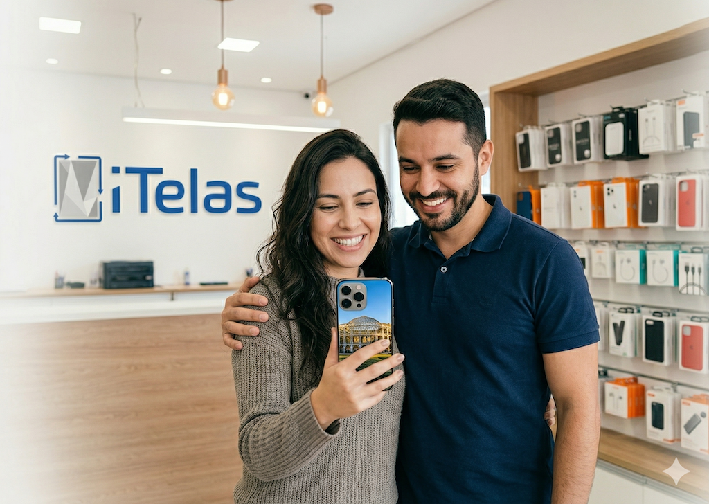 Casal satisfeito com novo iPhone após instalação de tela