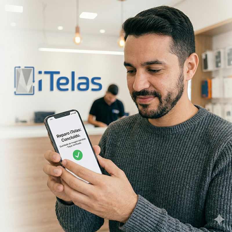 Cliente admirando a qualidade da tela após instalação